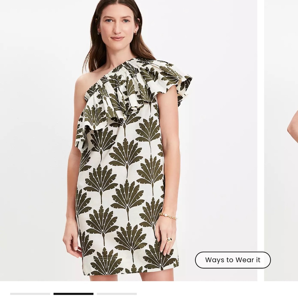 LOFT One-Shoulder Dress in Green Leaf Pattern